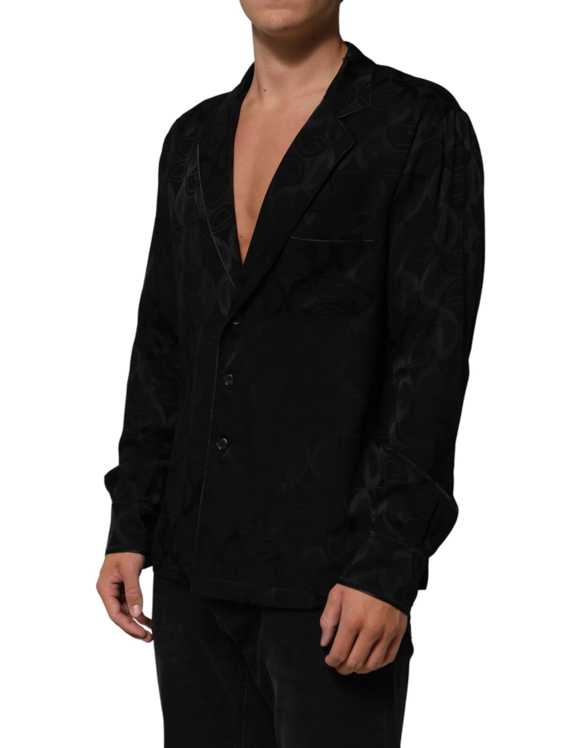Dolce & Gabbana Black DG Logo Silk Men Long Sleeves Shirt