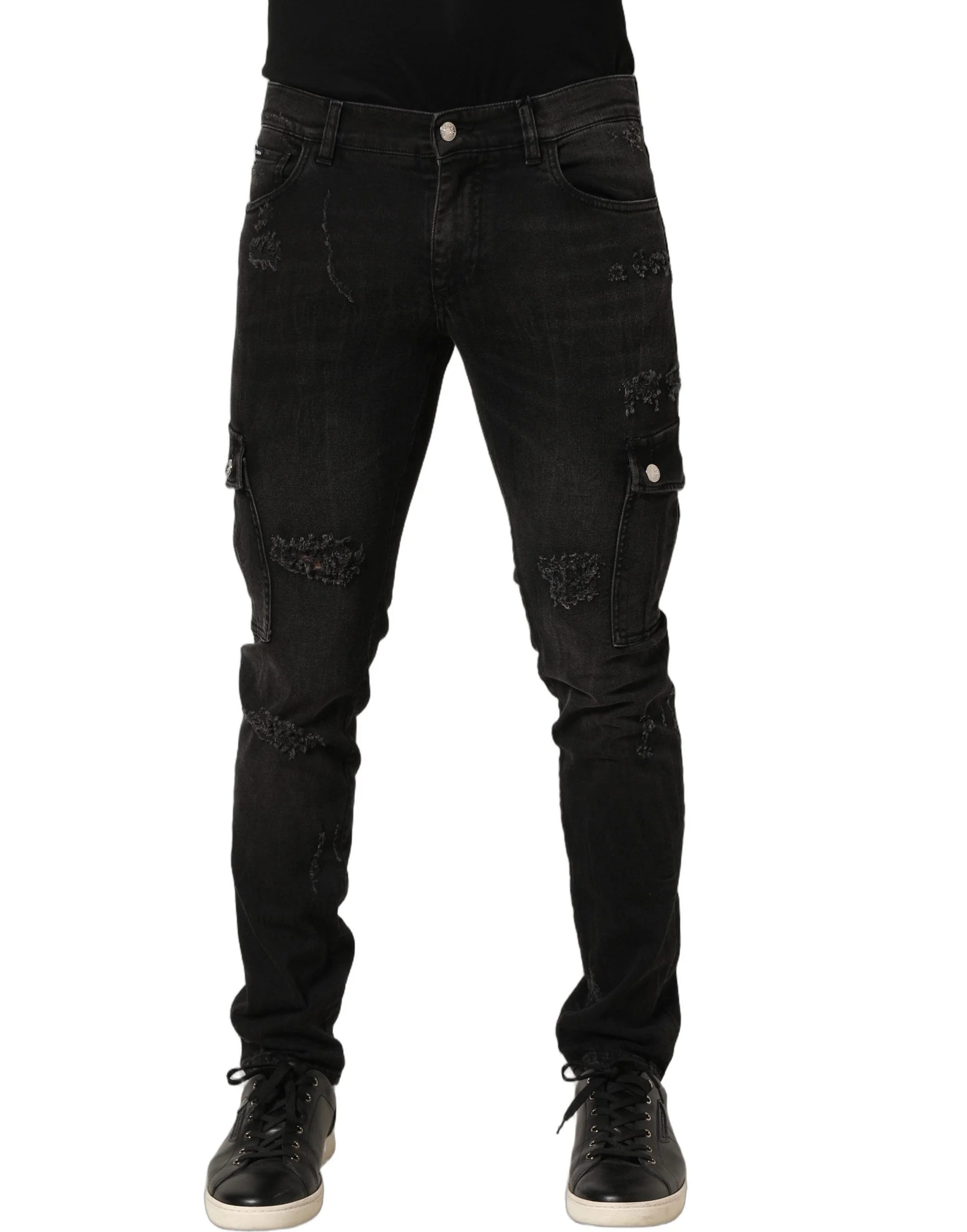 Dolce & Gabbana Black Distressed Cargo Cotton Men Denim Jeans - IT48 | M