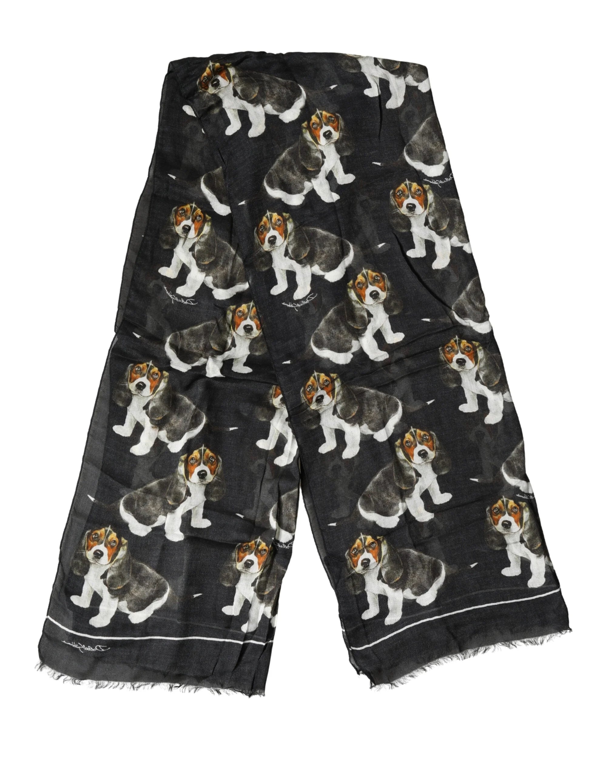 Dolce & Gabbana Black Dog Print Modal Wool Wrap Foulard 178cm X 63cm Scarf