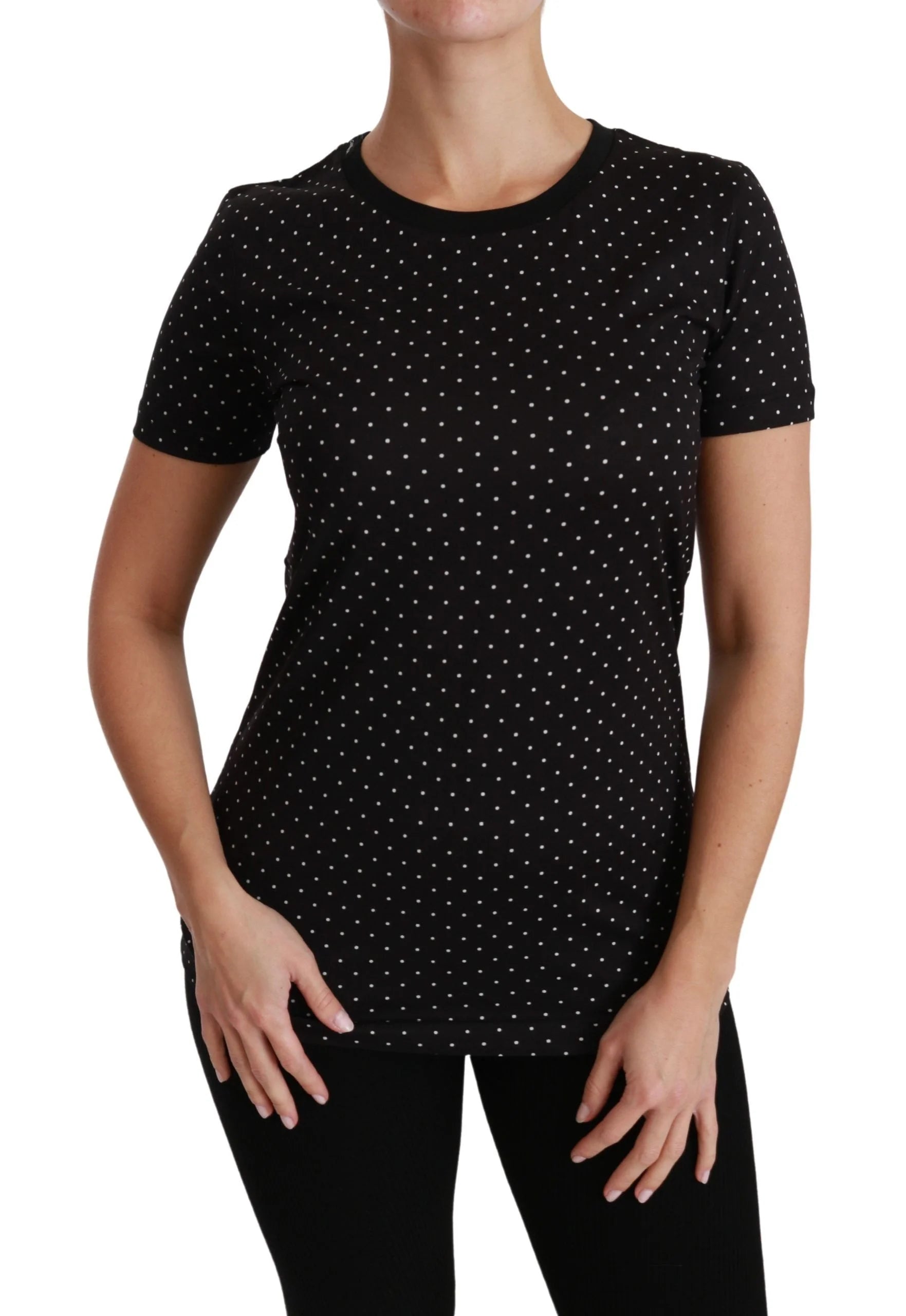 Dolce & Gabbana Black Dotted Crewneck Cotton Top T-shirt - T-Shirts