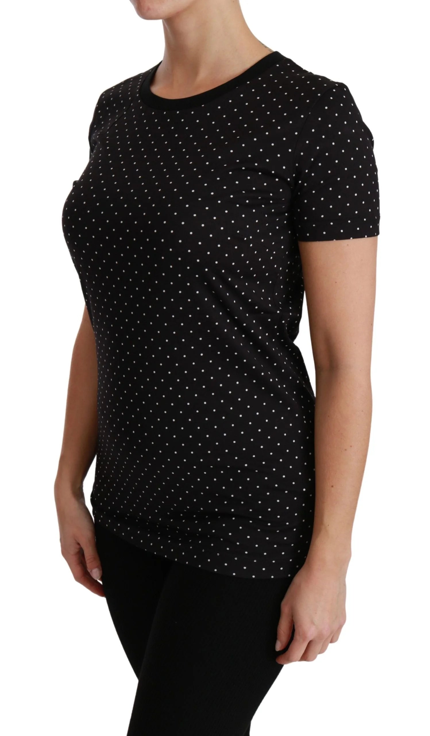 Dolce & Gabbana Black Dotted Crewneck Cotton Top T-shirt - T-Shirts