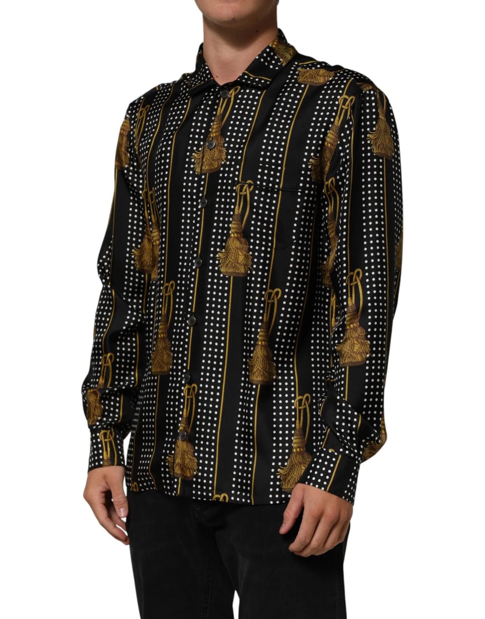 Dolce & Gabbana Black Dotted Tassel Silk Button Down Shirt