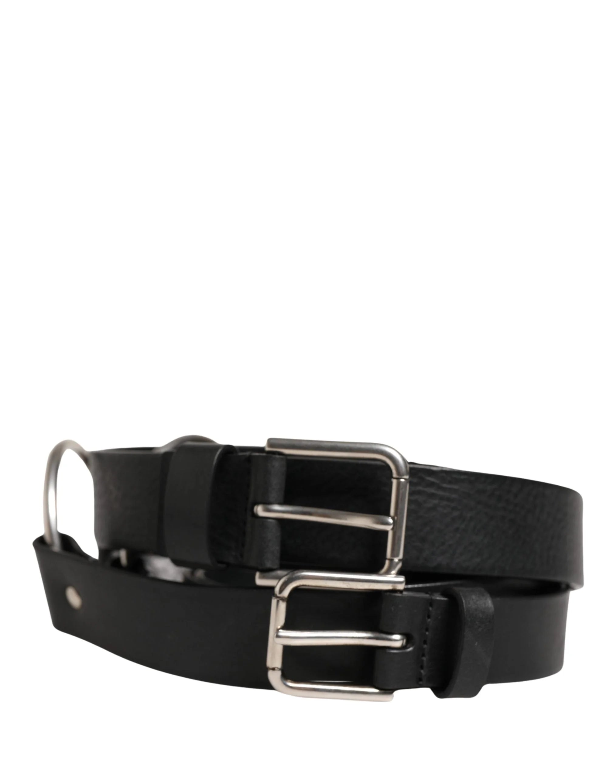Dolce & Gabbana Black Double Strap Leather Silver Buckle Belt - 140 cm / 56 inch