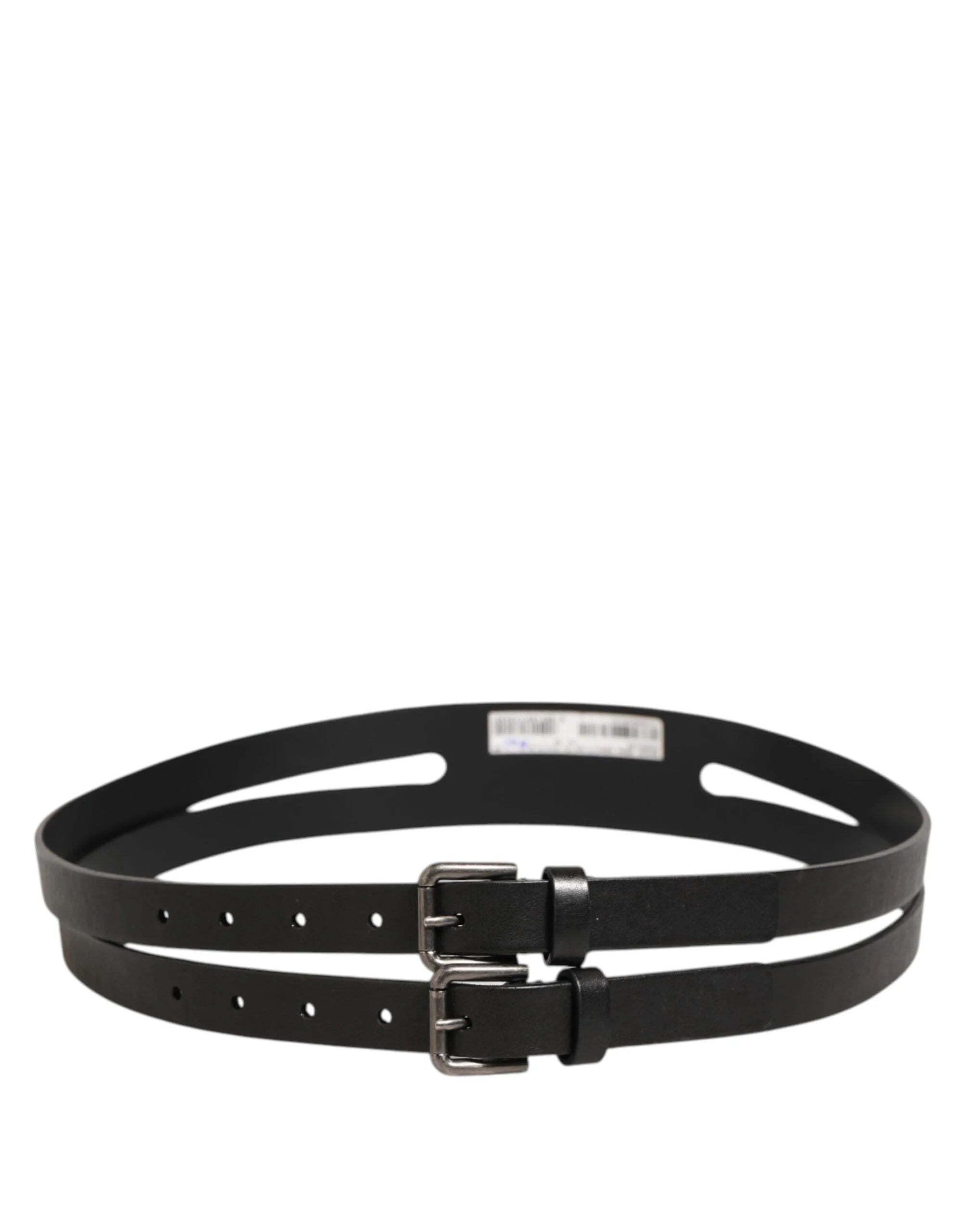 Dolce & Gabbana Black Double Strap Leather Silver Buckle Belt - 90 cm / 36 Inches - Belts
