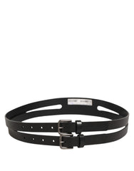 Dolce & Gabbana Black Double Strap Leather Silver Buckle Belt - 90 cm / 36 Inches - Belts