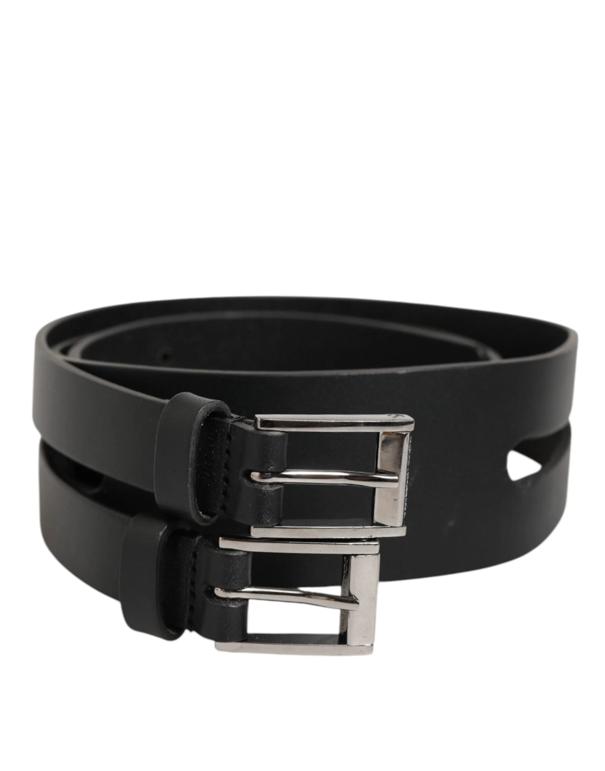 Dolce & Gabbana Black Double Strap Leather Silver Buckle Belt - 90 cm / 36 Inches - Belts