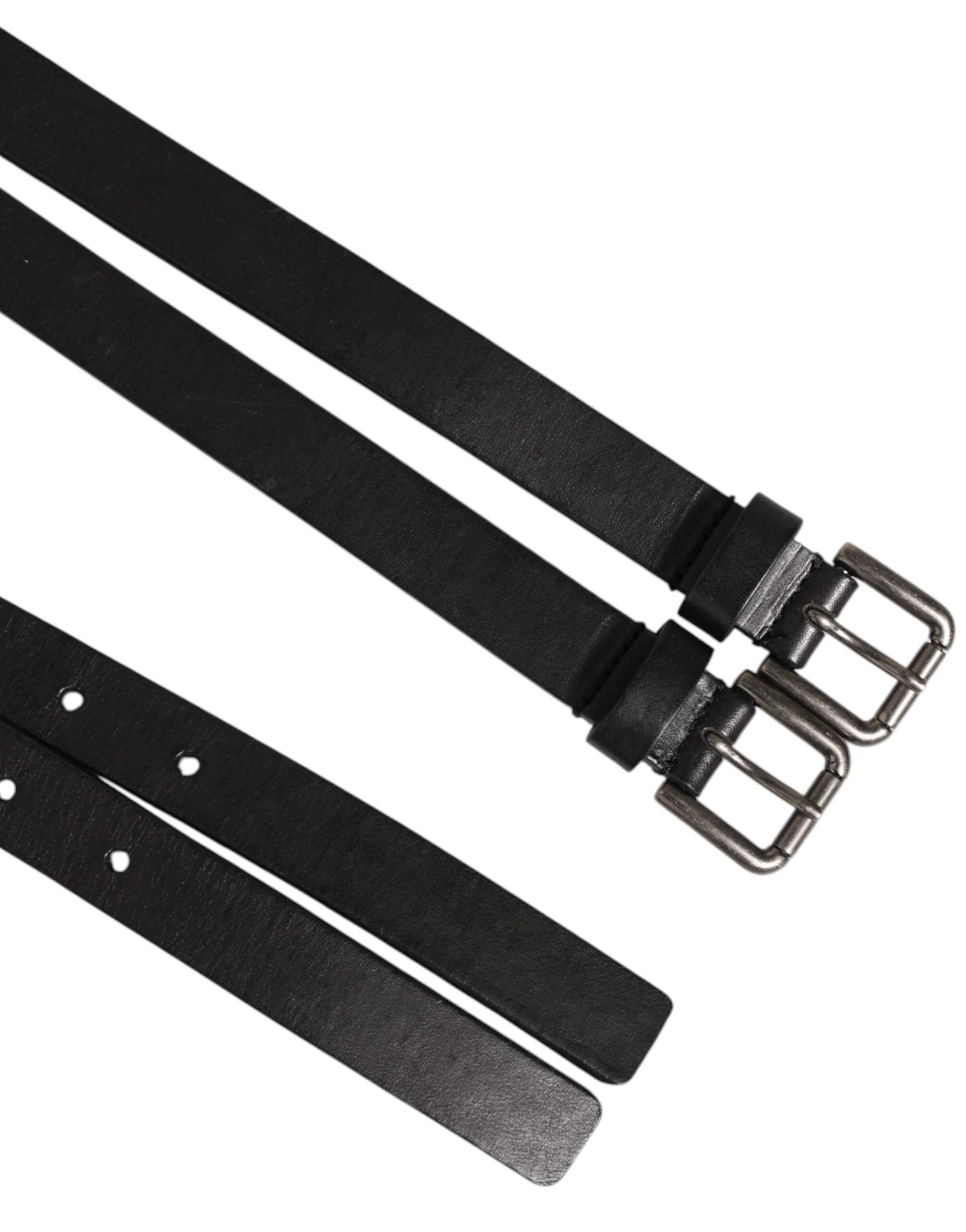 Dolce & Gabbana Black Double Strap Leather Silver Buckle Belt - 90 cm / 36 Inches - Belts