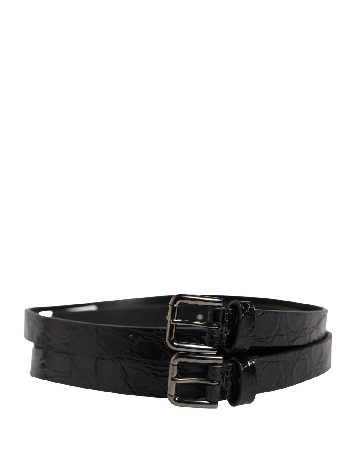 Dolce & Gabbana Black Double Strap Leather Silver Buckle Belt - 90 cm / 36 Inches