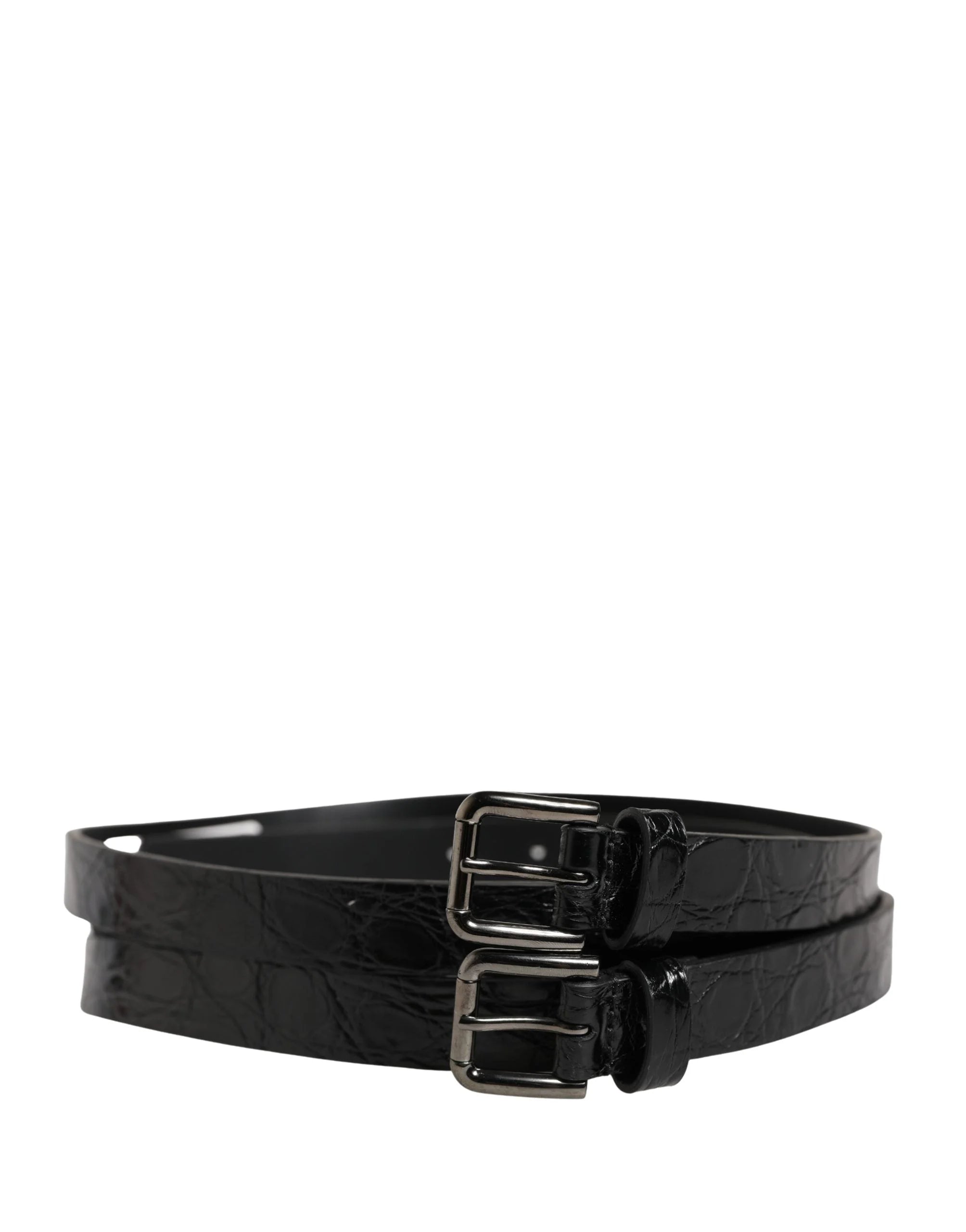 Dolce & Gabbana Black Double Strap Leather Silver Buckle Belt - 90 cm / 36 Inches