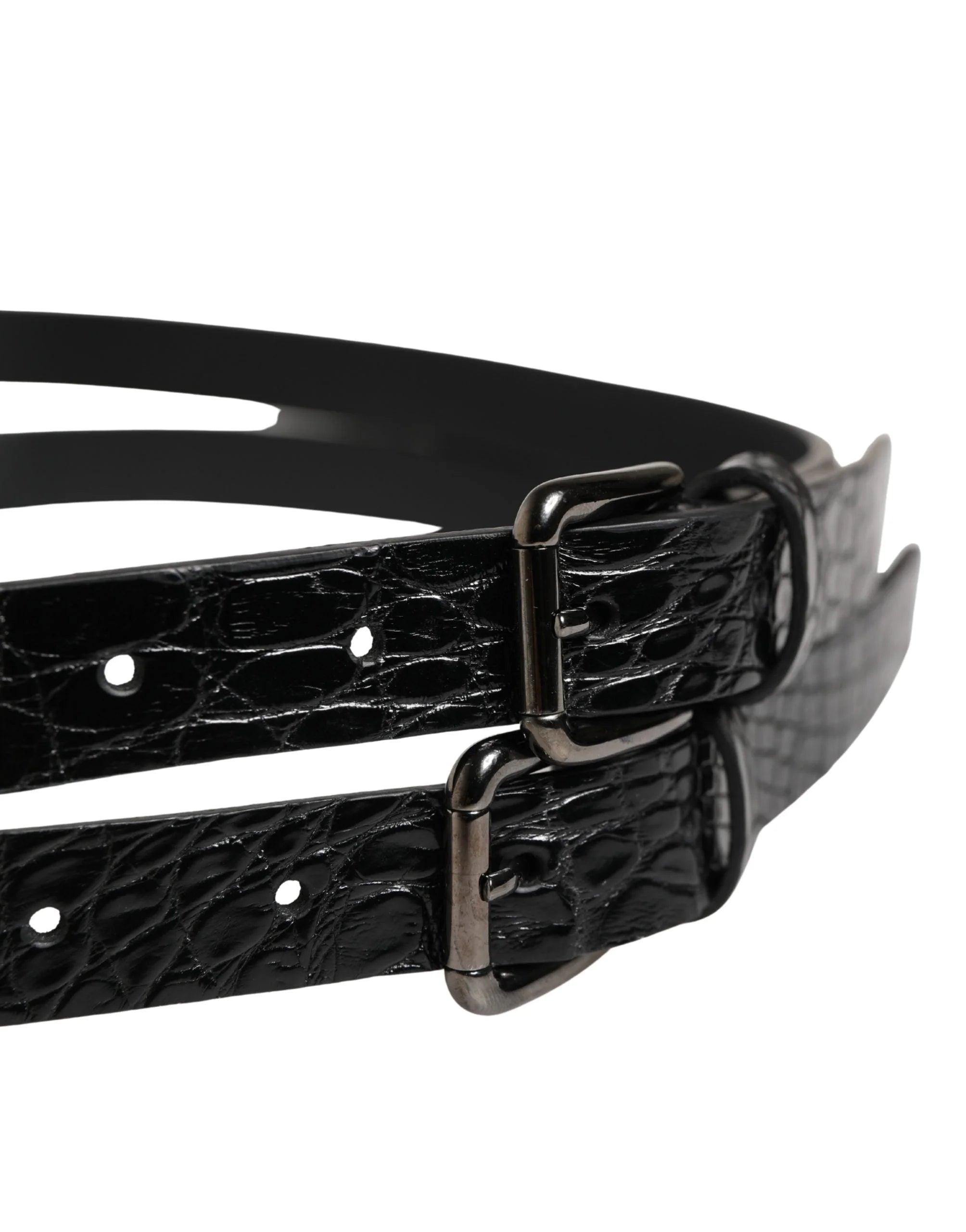 Dolce & Gabbana Black Double Strap Leather Silver Buckle Belt - 90 cm / 36 Inches