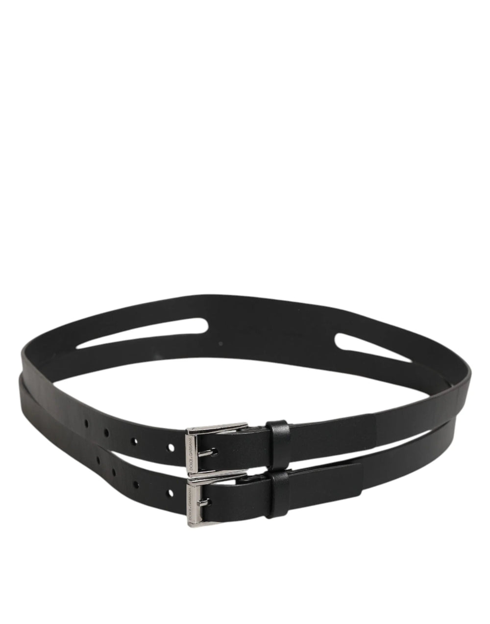 Dolce & Gabbana Black Double Strap Leather Silver Buckle Belt - 90 cm / 36 Inches - Belts