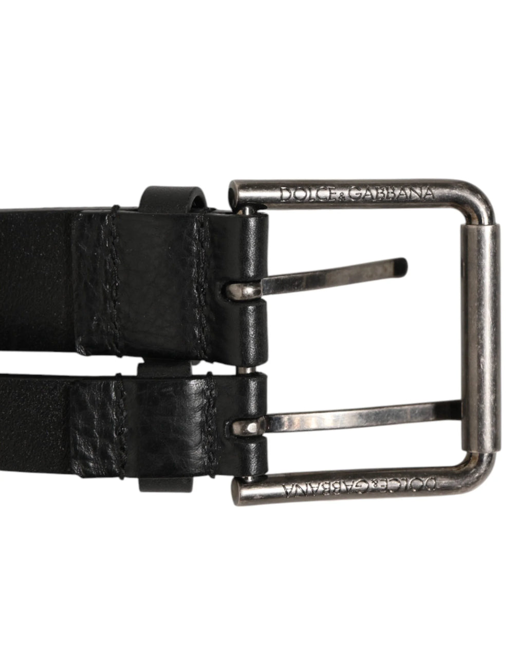 Dolce & Gabbana Black Double Strap Leather Silver Buckle Belt - Belts