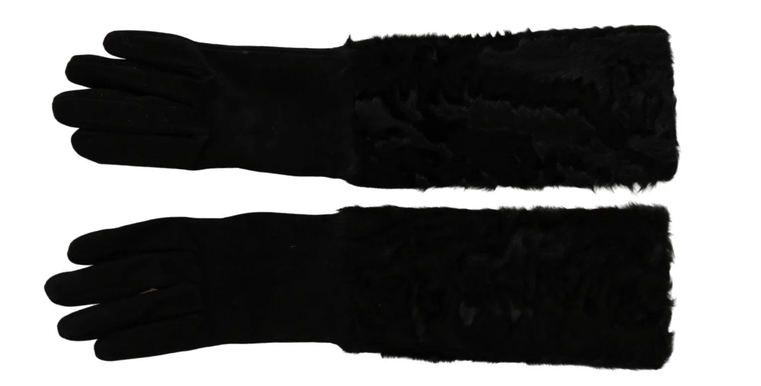 Dolce & Gabbana Black Elbow Length Mitten Suede Fur Gloves - 7.5|S