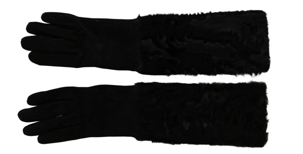 Dolce & Gabbana Black Elbow Length Mitten Suede Fur Gloves - 7.5|S
