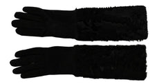 Dolce & Gabbana Black Elbow Length Mitten Suede Fur Gloves - 7.5|S