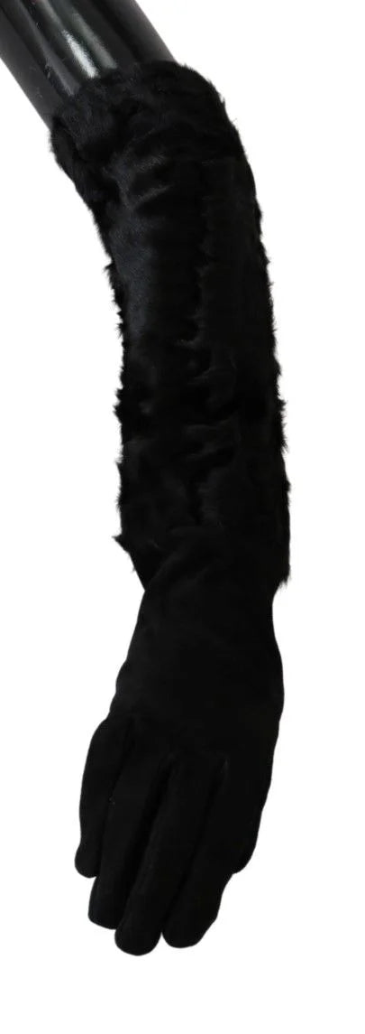 Dolce & Gabbana Black Elbow Length Mitten Suede Fur Gloves - 7.5|S