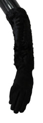 Dolce & Gabbana Black Elbow Length Mitten Suede Fur Gloves - 7.5|S