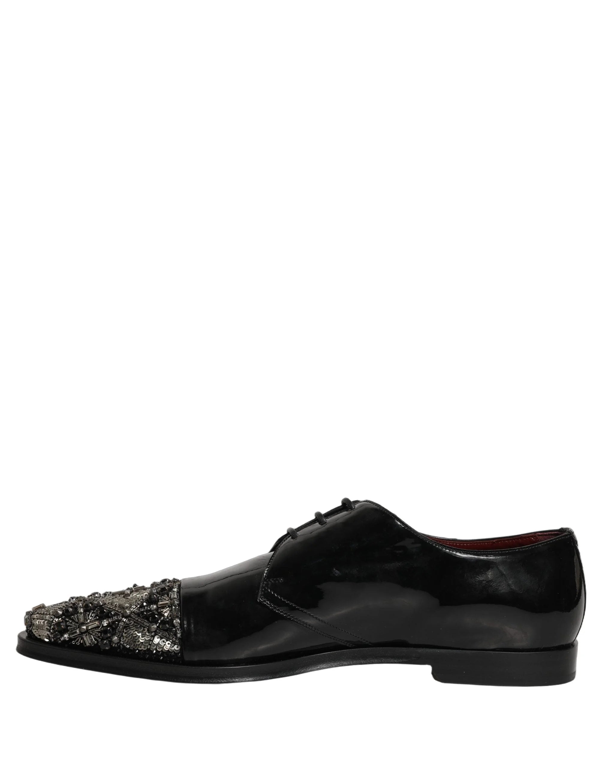 Detailed view of the sparkling crystal embellishments set into the heel of these luxury Italian-made Derby shoes.