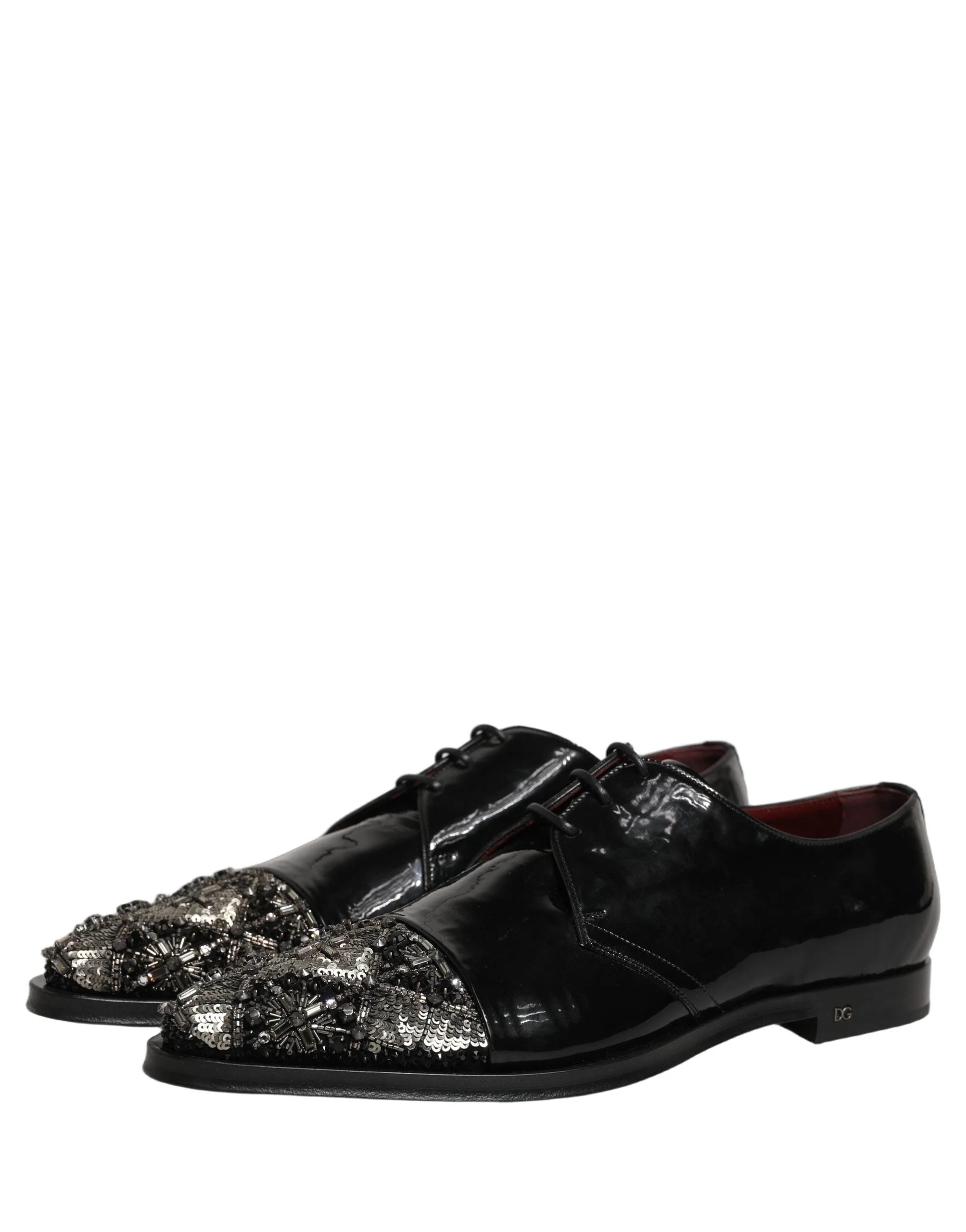 Top-down view of Dolce & Gabbana black leather Derbies with tonal laces and refined almond toe shape.