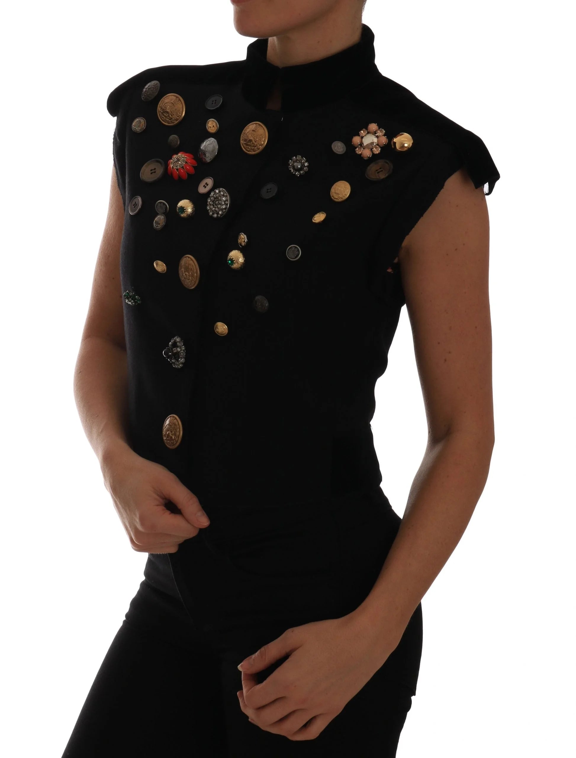 Dolce & Gabbana Black Embellished Floral Military Jacket Vest - IT40|S - Vests