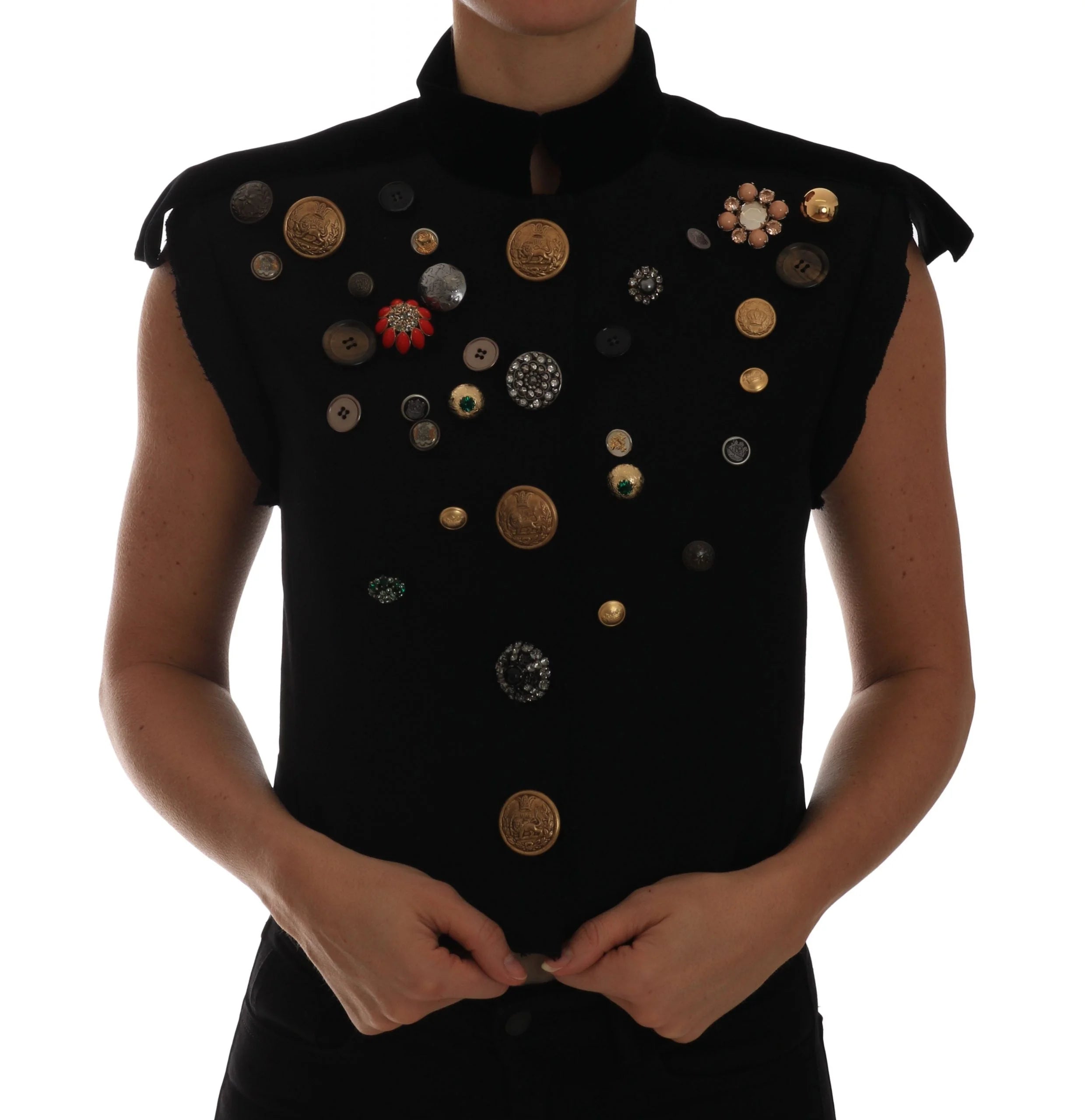 Dolce & Gabbana Black Embellished Floral Military Jacket Vest - IT40|S - Vests