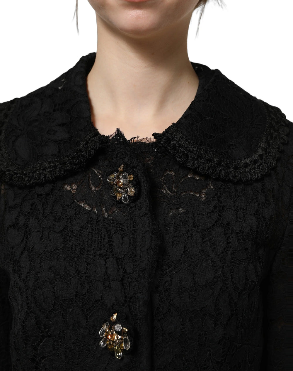 Dolce & Gabbana Black Embellished Guipure Lace Coat Jacket - IT40|S