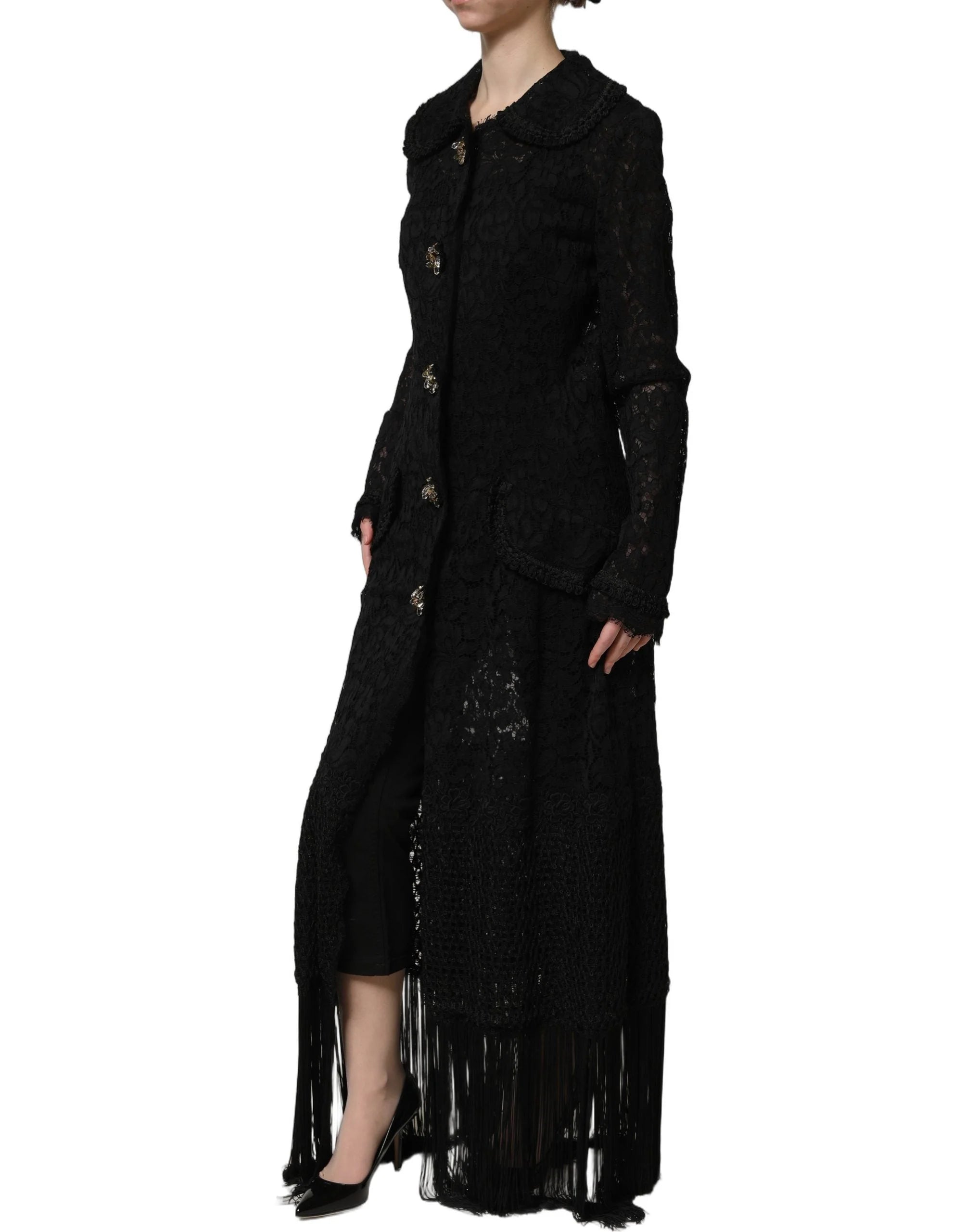 Dolce & Gabbana Black Embellished Guipure Lace Coat Jacket - IT40|S