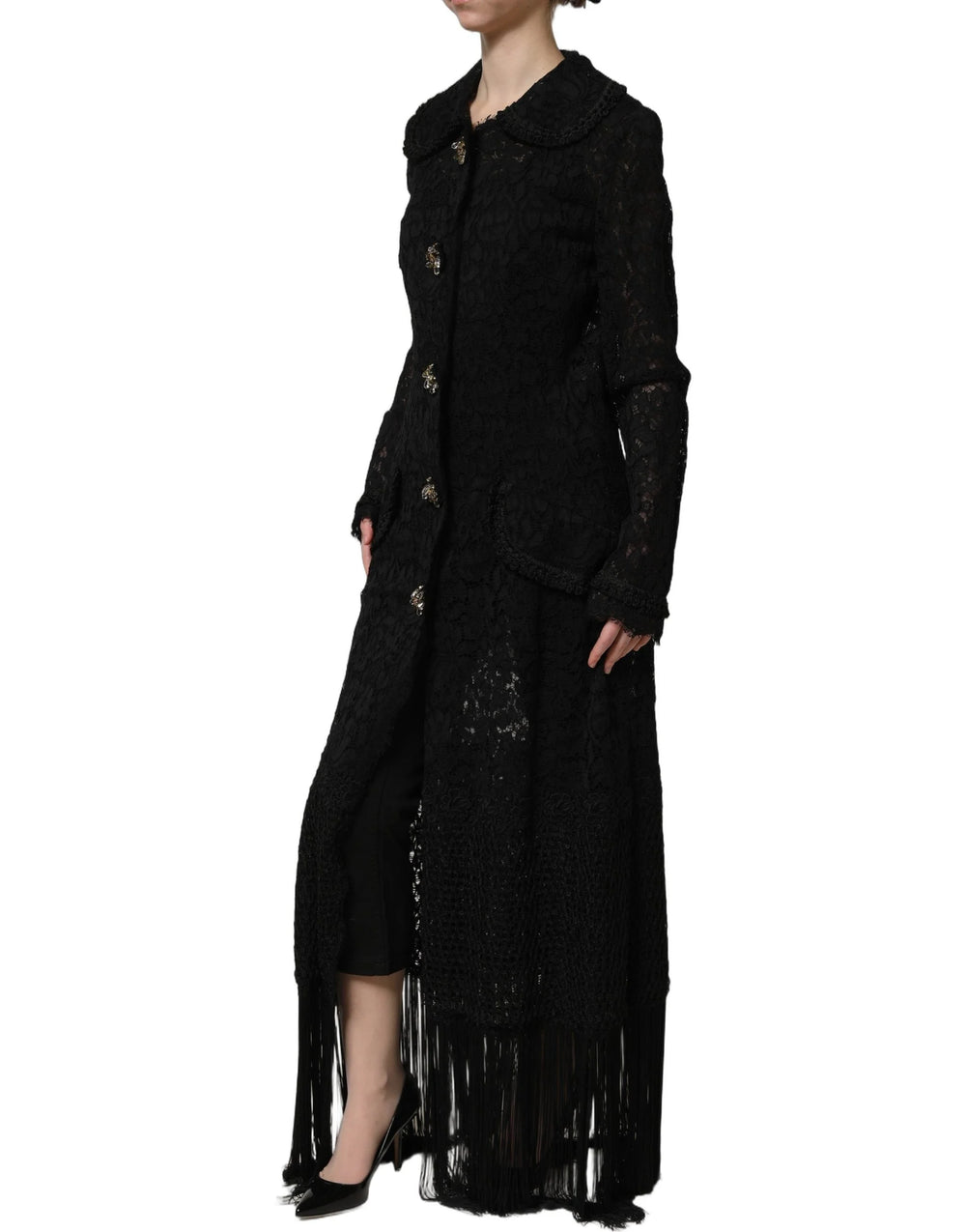 Dolce & Gabbana Black Embellished Guipure Lace Coat Jacket - IT40|S