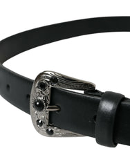Dolce & Gabbana Black Embellished Leather Engraved Buckle Belt - Belts