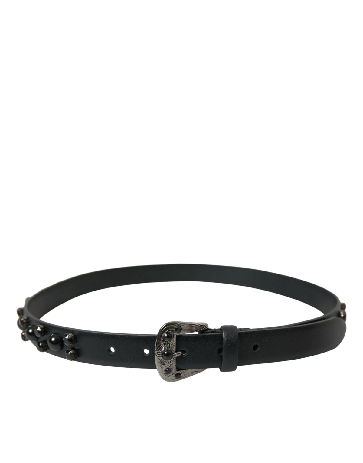 Dolce & Gabbana Black Embellished Leather Engraved Buckle Belt - Belts