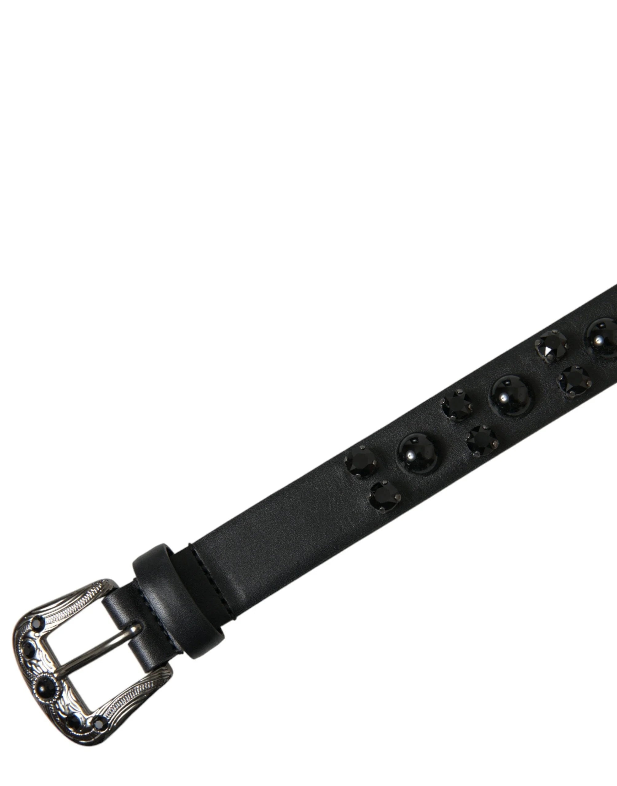 Dolce & Gabbana Black Embellished Leather Engraved Buckle Belt - Belts