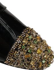 Dolce & Gabbana svarte lærherresko med krystallpynt, frontstudiobilde.