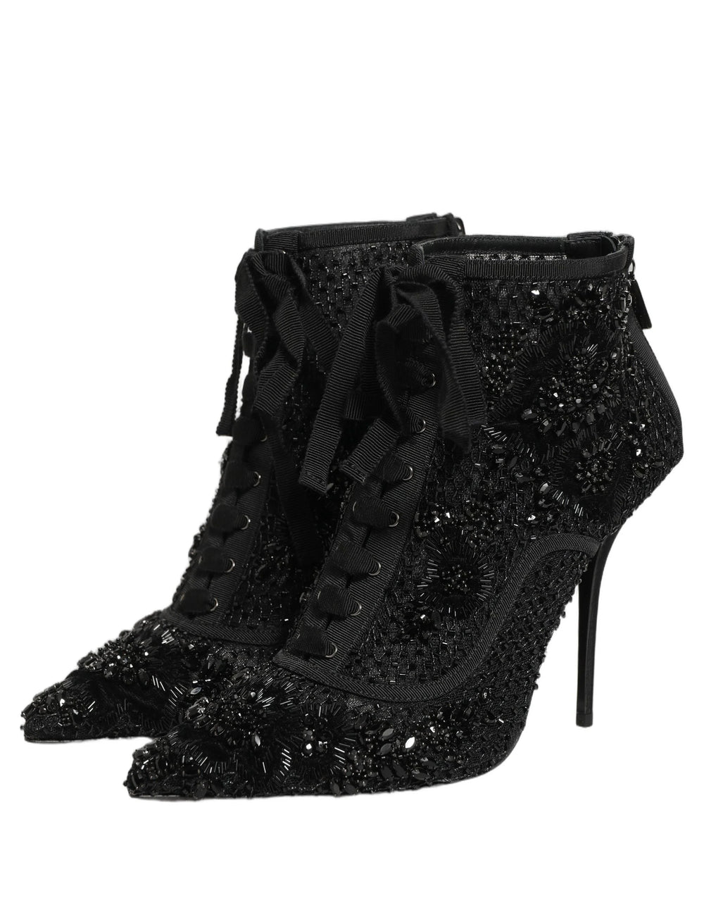 Dolce & Gabbana Black Embellished Mesh Ankle Boots Shoes