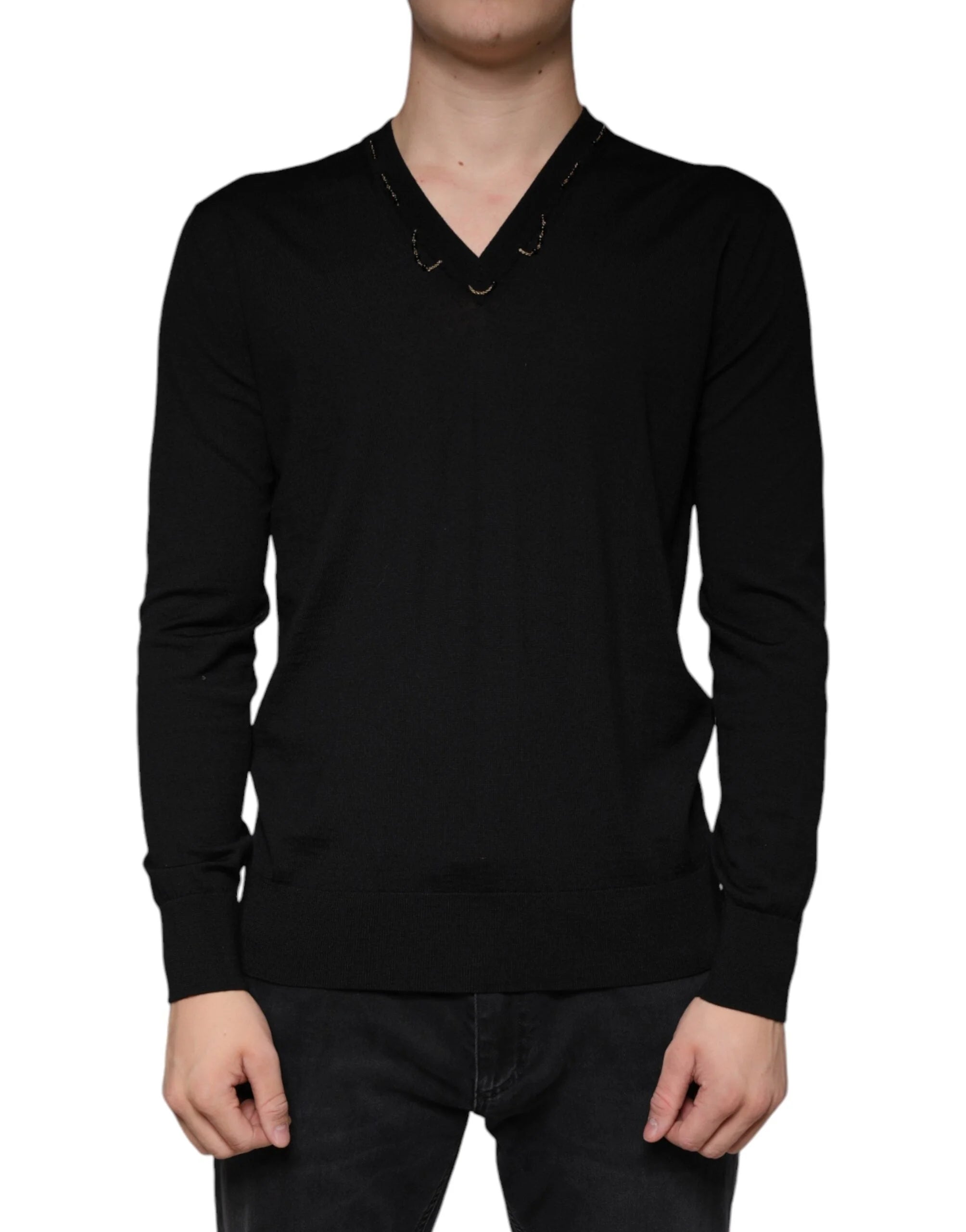 Dolce & Gabbana Black Embellished V-neck Pullover Sweater - IT42 | XS - Sweaters