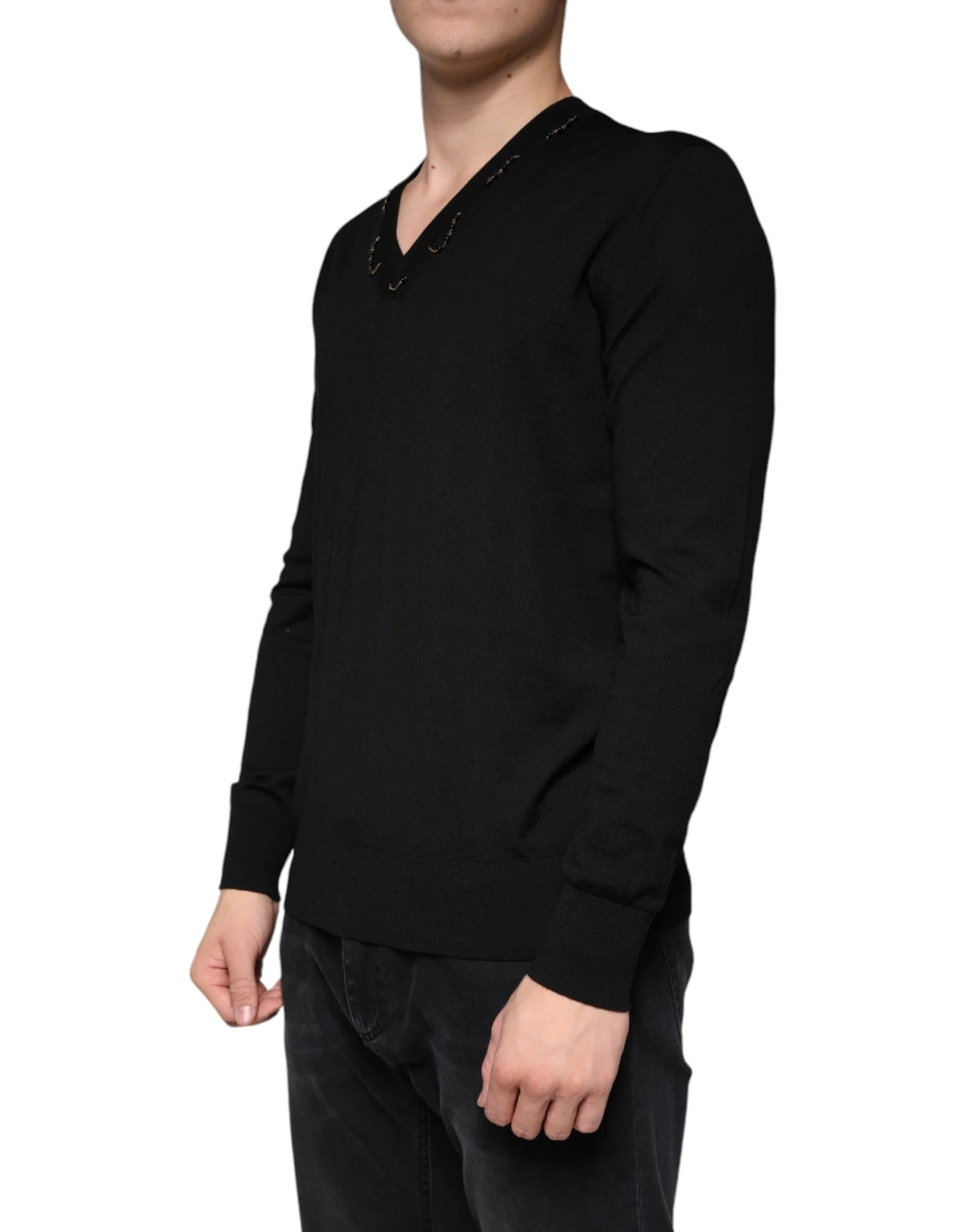 Dolce & Gabbana Black Embellished V-neck Pullover Sweater - IT42 | XS - Sweaters