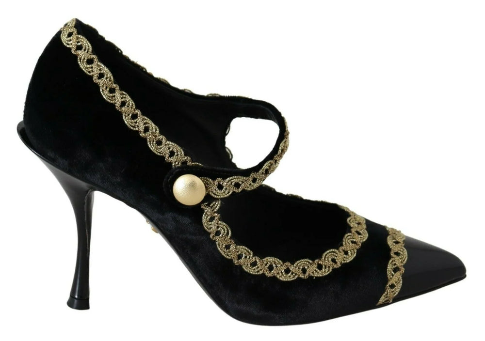 Dolce & Gabbana Black Embellished Velvet Mary Jane Pumps Shoes - EU35/US4.5 - Heels