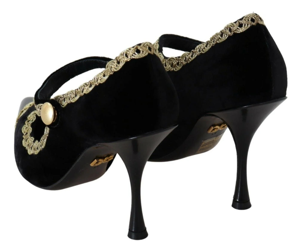 Dolce & Gabbana Black Embellished Velvet Mary Jane Pumps Shoes - EU35/US4.5 - Heels