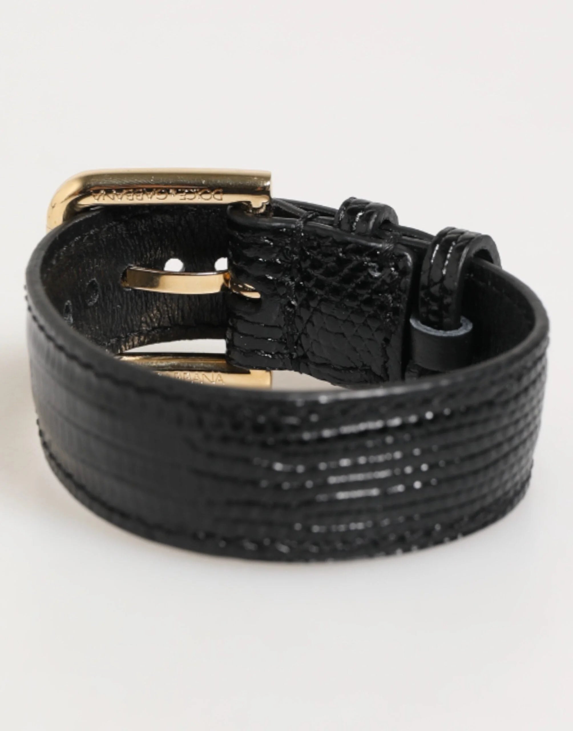 Dolce & Gabbana Black Embossed Leather Gold Buckle Belt Strap Bracelet - Belts