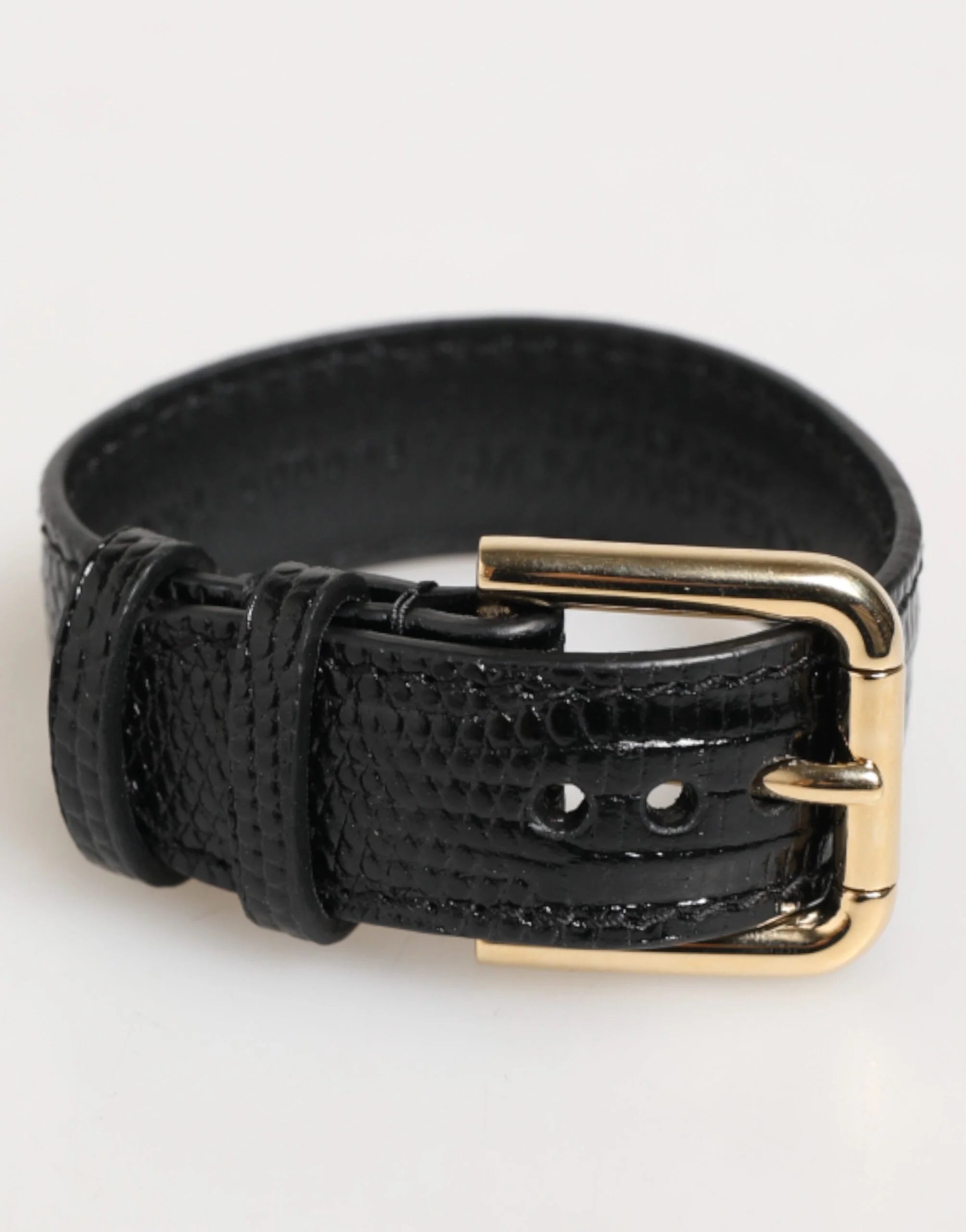 Dolce & Gabbana Black Embossed Leather Gold Buckle Belt Strap Bracelet - Belts