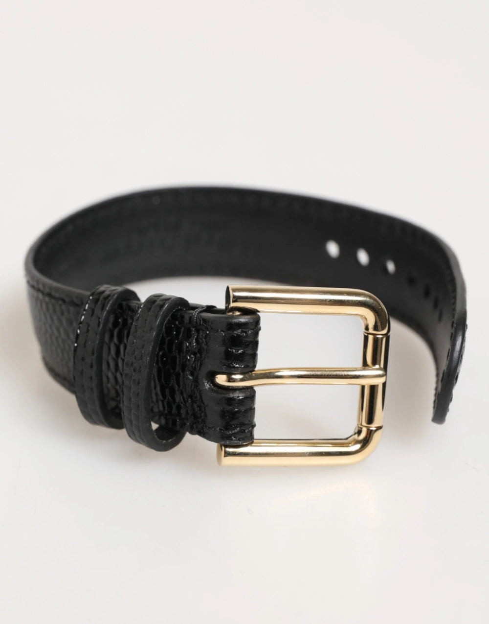 Dolce & Gabbana Black Embossed Leather Gold Buckle Belt Strap Bracelet - Belts
