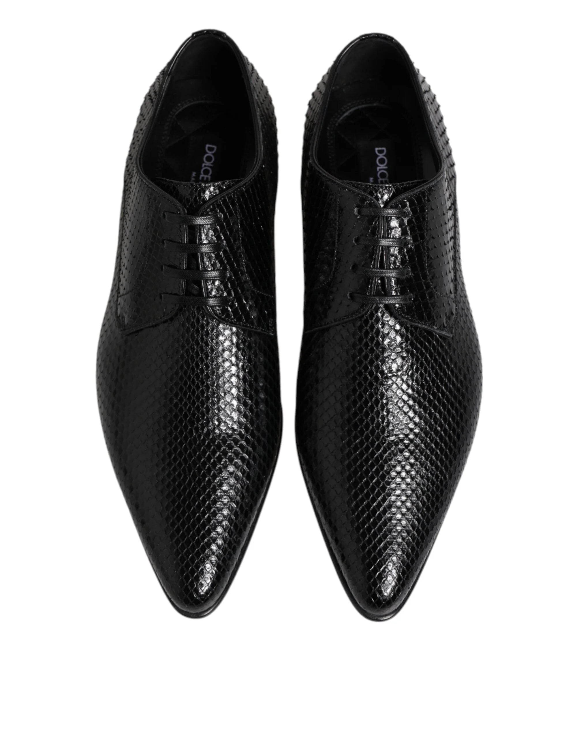 Seitenansicht der von AmeOro kuratierten Dolce & Gabbana Derby-Schuhe in Schwarz aus exotischem Leder mit Stilettoabsatz und tonalen Schnürsenkeln.