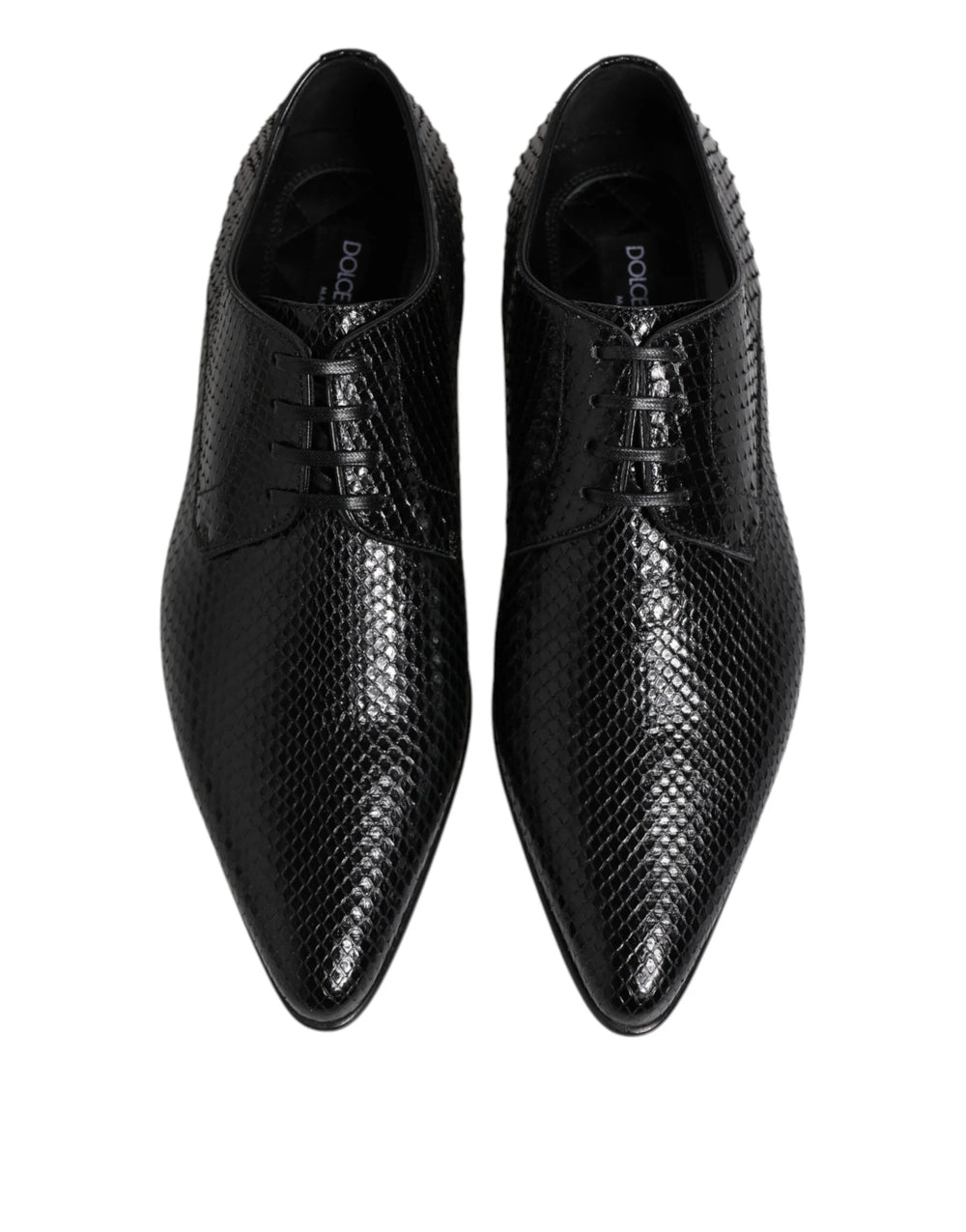 Seitenansicht der von AmeOro kuratierten Dolce & Gabbana Derby-Schuhe in Schwarz aus exotischem Leder mit Stilettoabsatz und tonalen Schnürsenkeln.