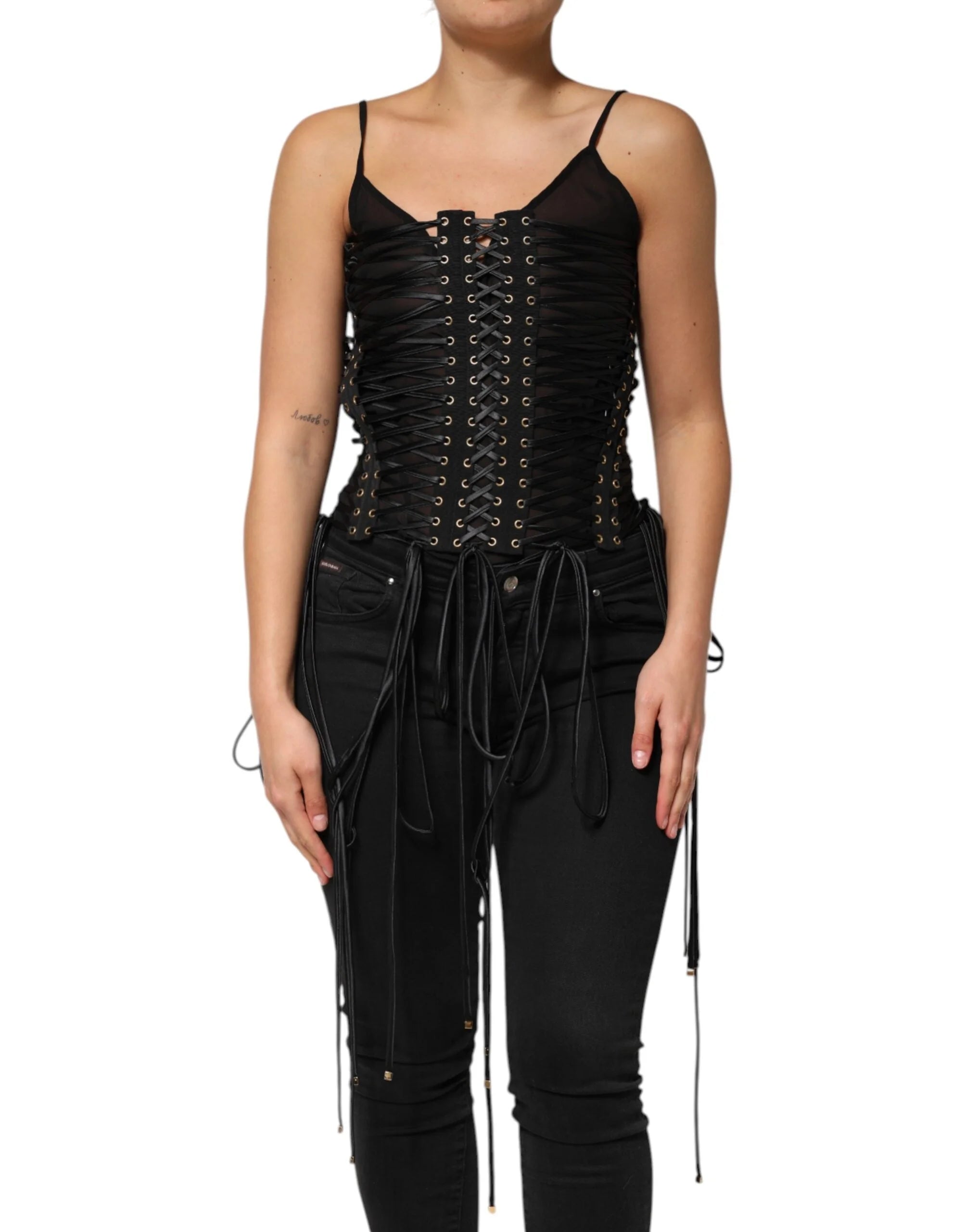 Dolce & Gabbana Black Eyelet Embellished Corset Style Top - IT42|M - Tank Tops