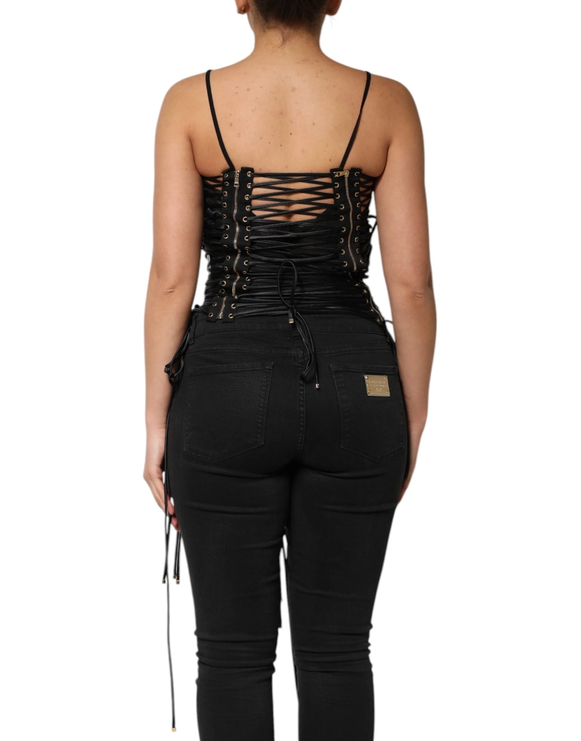 Dolce & Gabbana Black Eyelet Embellished Corset Style Top - IT42|M - Tank Tops