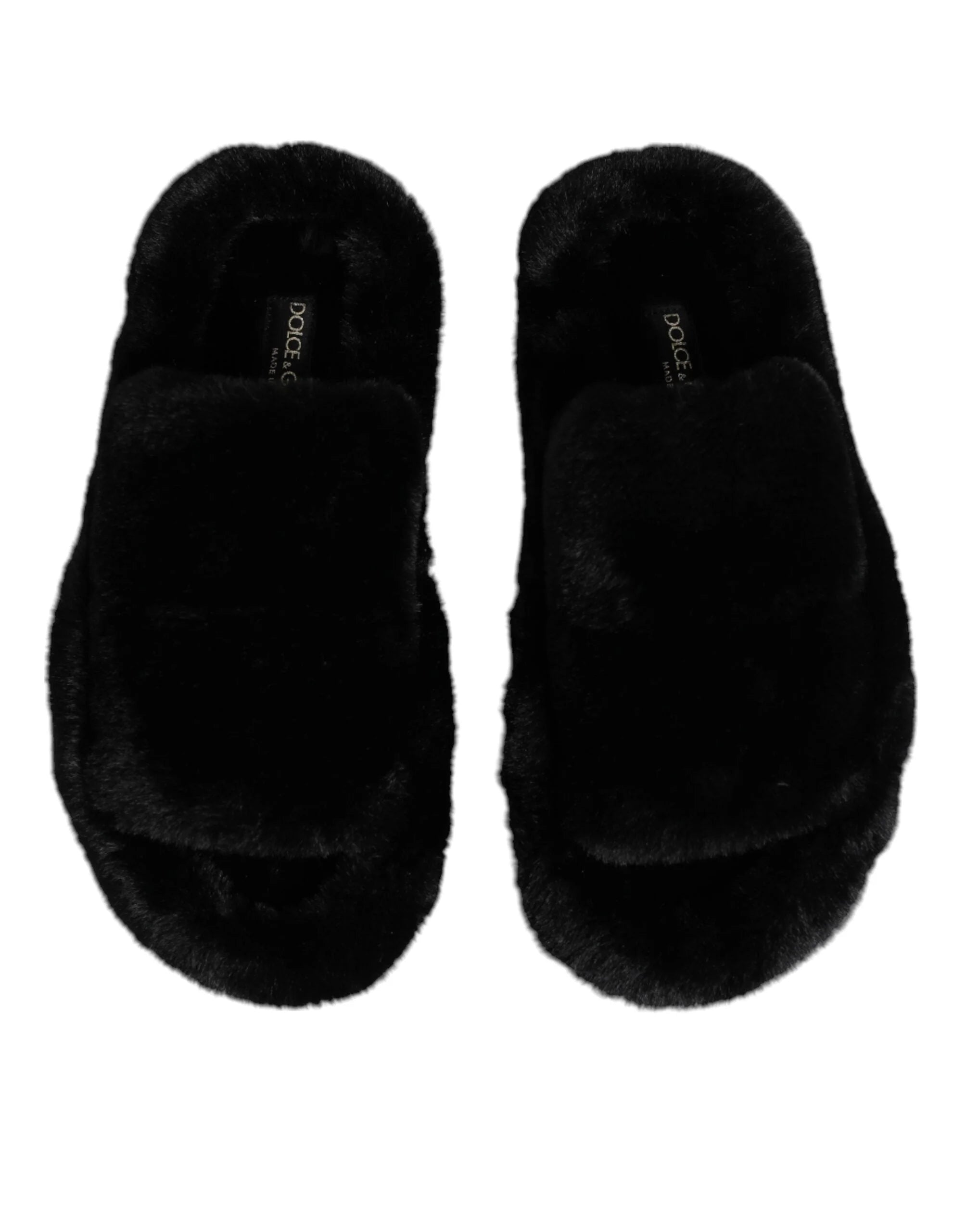 Dolce & Gabbana Black Faux Fur Flats Men Sandals Shoes - EU44.5/US11.5 - Sandals