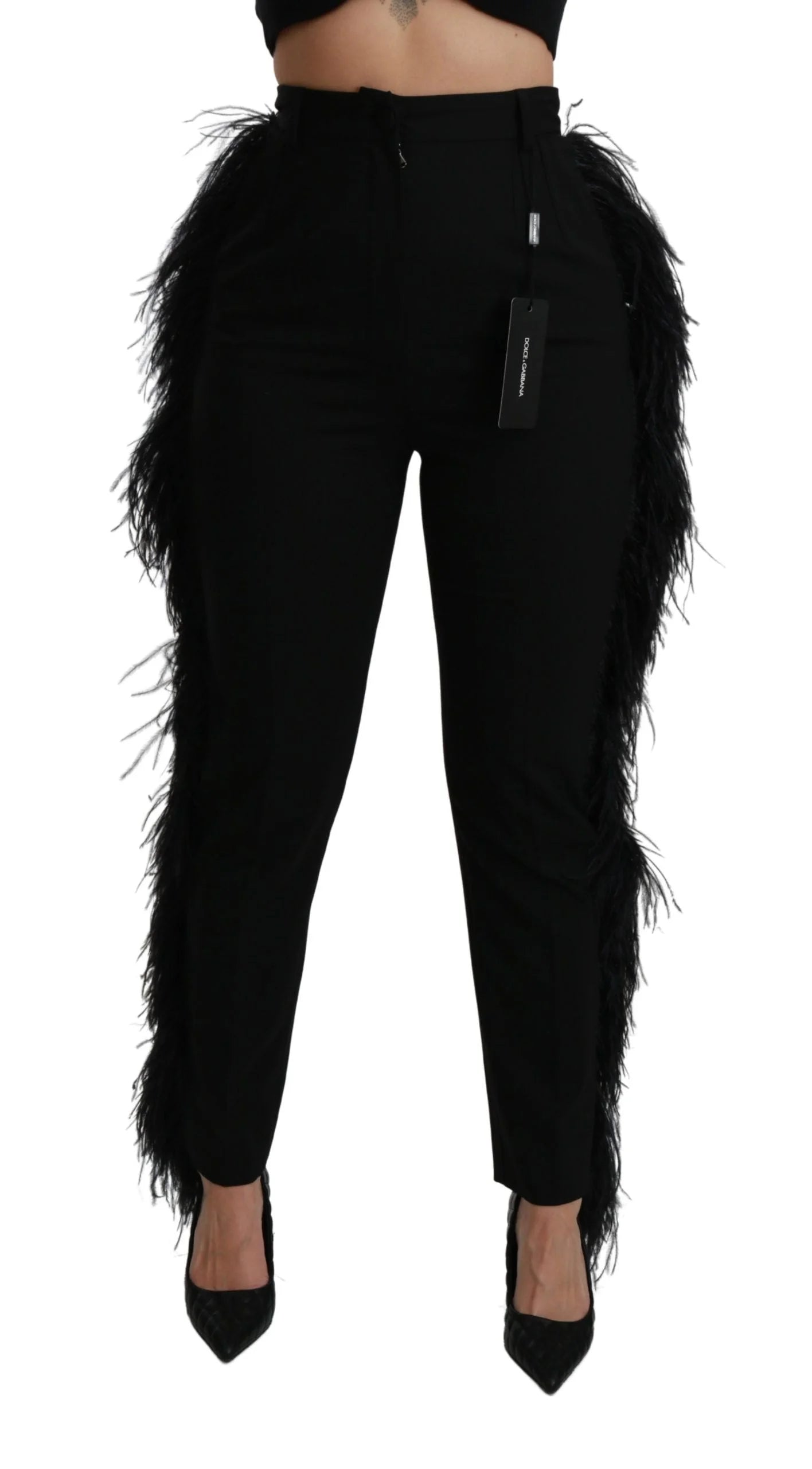 Dolce & Gabbana Black Feather Straight High Waist Wool Pants - IT40|S - Trousers
