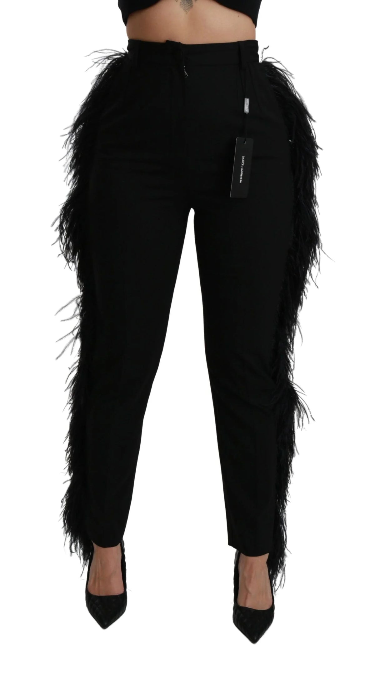 Dolce & Gabbana Black Feather Straight High Waist Wool Pants - IT40|S - Trousers