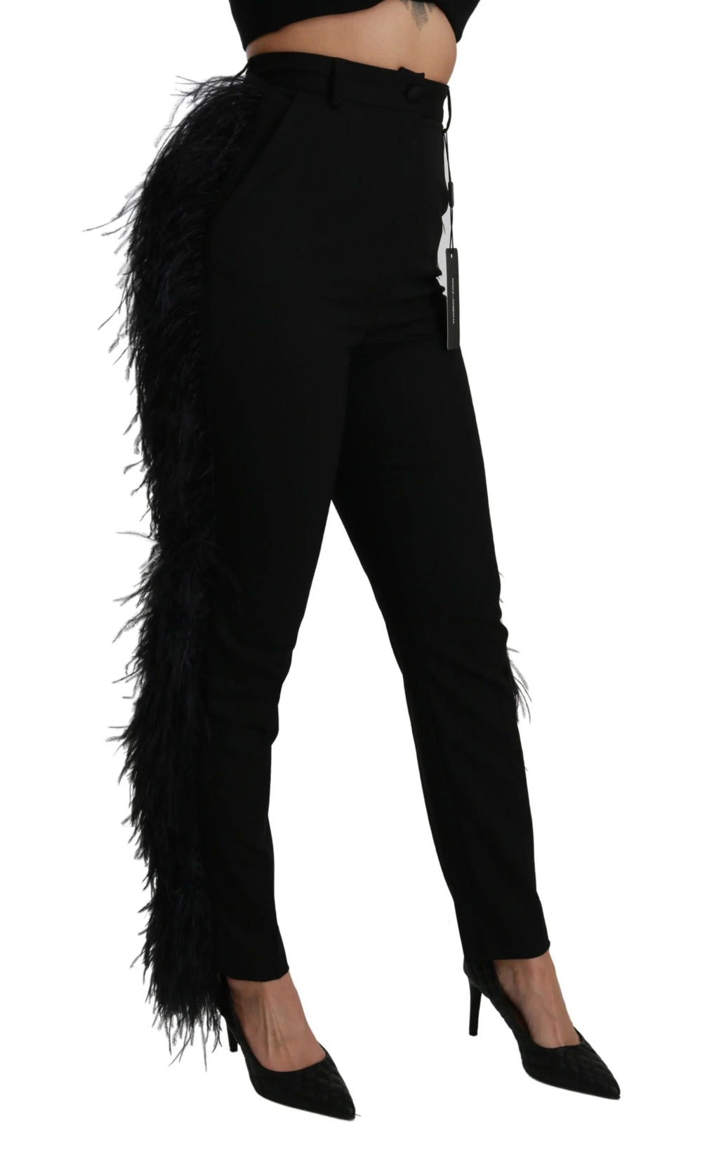Dolce & Gabbana Black Feather Straight High Waist Wool Pants - IT40|S - Trousers