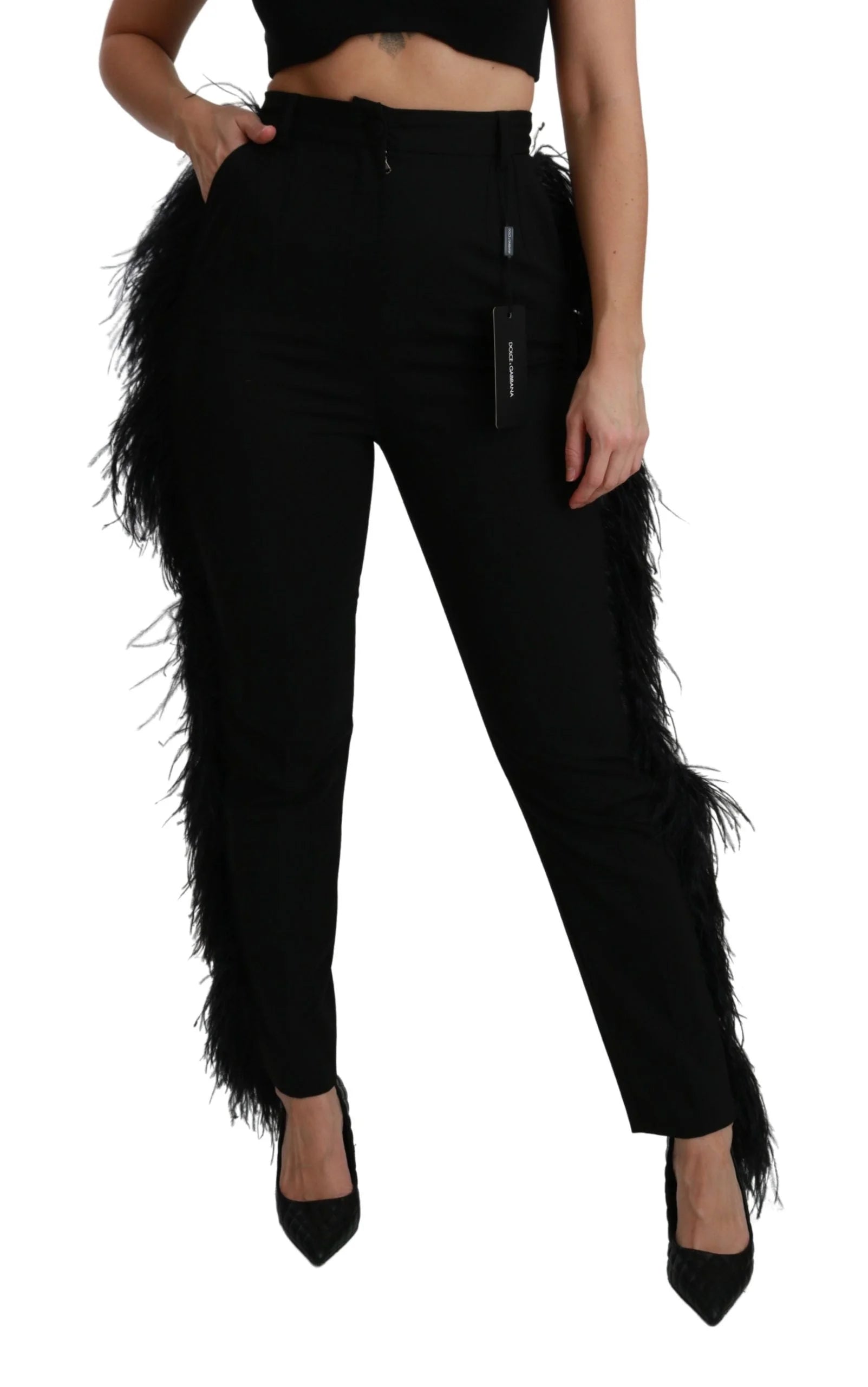 Dolce & Gabbana Black Feather Straight High Waist Wool Pants - IT40|S - Trousers