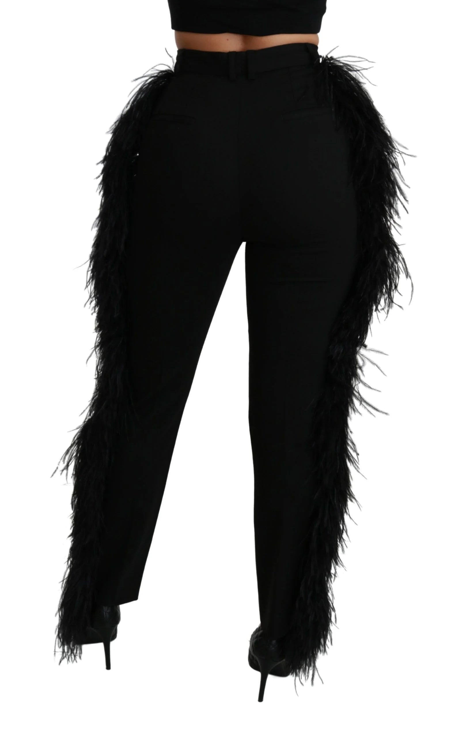 Dolce & Gabbana Black Feather Straight High Waist Wool Pants - IT40|S - Trousers